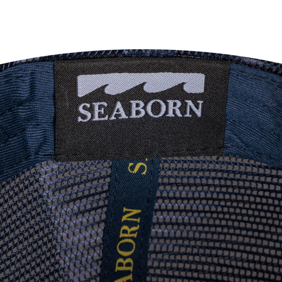 detail photo of inner tag with seaborn wave logo. inner piping with blue background and yellow font.