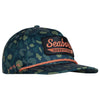 front view photo of sea grass camo hat. large patch on front with seaborn outfitters in salmon on black background. salmon rope across bill. salmon waves logo on right side.